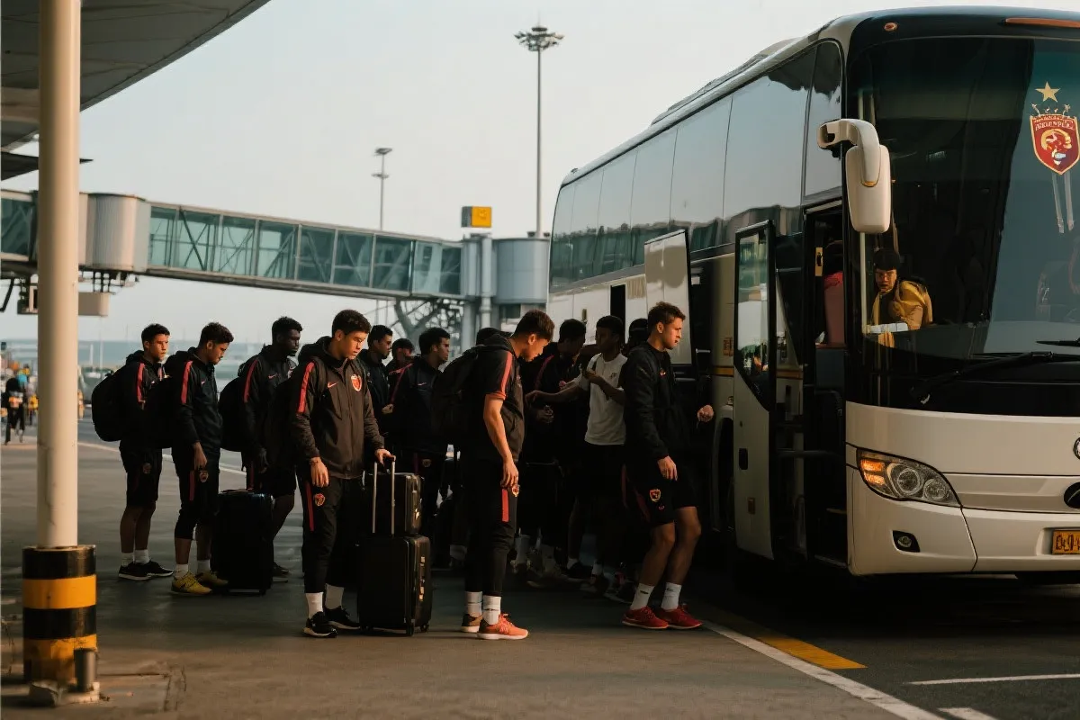 球队在机场与大巴间转场，体现长途旅行对恢复与备战的影响